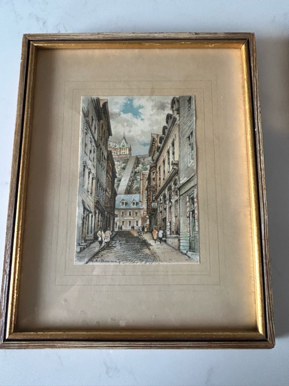 Vintage colour litho of Old Quebec City. Signed by artist S.A Dumarais.